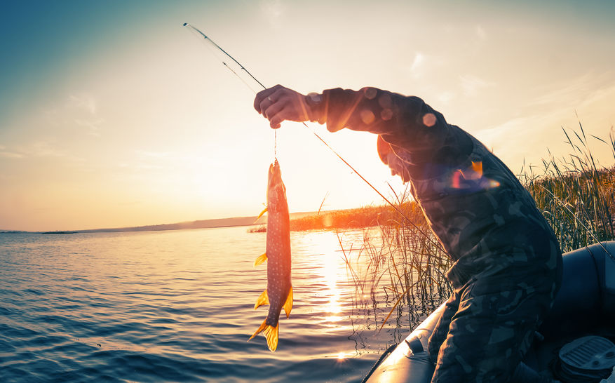 Man catching a fish in boat