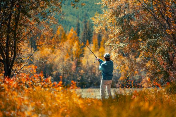 A man fishes in a river amid beautiful fall foliage